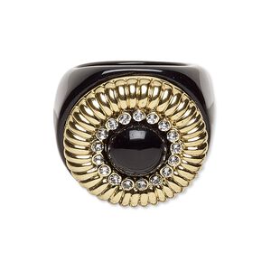 Ring, acrylic and glass rhinestone, black / gold / clear, 23mm round, size 7. Sold individually.