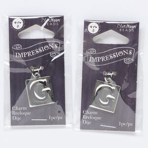 Drop, silver-finished "pewter" (zinc-based alloy) and steel, 16x15mm square with cutout "G." Sold per pkg of 2.