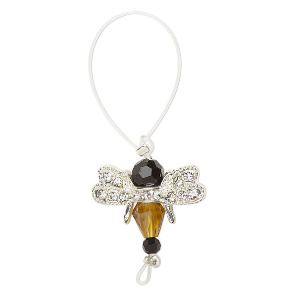 Bead, glass / glass rhinestone / silver-finished "pewter" (zinc-based alloy), clear / amber yellow / black, 21x17mm bee. Sold per pkg of 2. image number 0