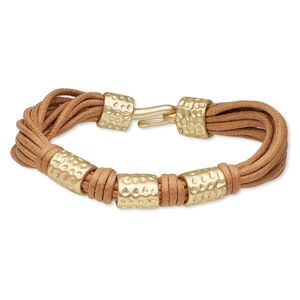 Bracelet, 11-strand, leather (dyed) and gold-finished "pewter" (zinc-based alloy), light brown, 13mm wide with 12mm matte hammered round tube, 7 inches with hook-and-eye clasp. Sold individually.