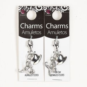 Charm, silver-finished "pewter" (zinc-based alloy) / steel / enamel, black, 26x16mm dangle with hat / sunglasses / mustache with lobster claw clasp. Sold per pkg of 2.