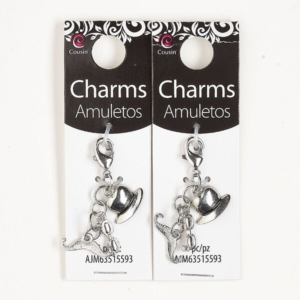 Charm, silver-finished "pewter" (zinc-based alloy) / steel / enamel, black, 26x16mm dangle with hat / sunglasses / mustache with lobster claw clasp. Sold per pkg of 2. image number 0