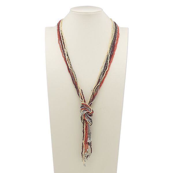 Necklace, 11-strand, glass with silver- and gunmetal-plated steel, brown / cream / salmon pink, 34 inches with knot. Sold individually. image number 0