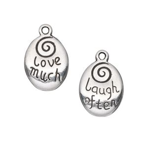 Drop, antique silver-plated "pewter" (zinc-based alloy), 17x13mm two-sided oval with "love much" and "laugh often." Sold per pkg of 10.