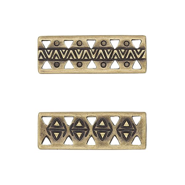 Link, TierraCast®, antique brass-plated pewter, 26x9mm 5-strand two-sided woven rectangle bar with rhythm theme. Sold per pkg of 4. image number 0
