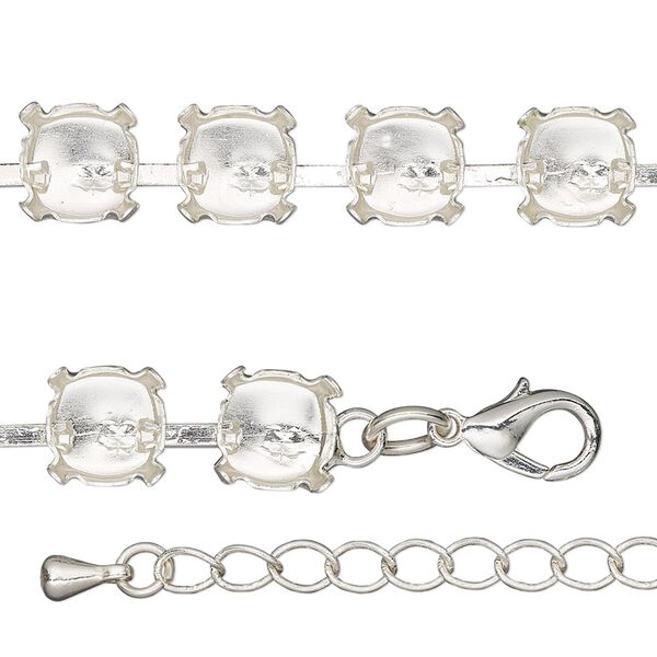 Necklace component, silver-finished brass and steel, 8mm wide cupchain with (38) SS39 settings, 18 inches with 3-inch extender chain and lobster claw clasp. Sold individually. image number 0