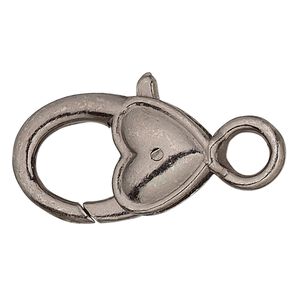 Clasp, lobster claw, gunmetal-plated "pewter" (zinc-based alloy), 21x12.5mm with double-sided smooth heart design. Sold per pkg of 6.