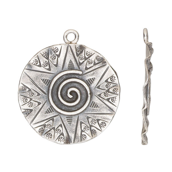 Drop, Hill Tribes, antiqued sterling silver, 26mm single-sided wavy round with swirl pattern and star design. Sold individually. image number 0