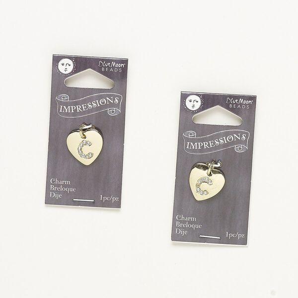Charm, gold-finished "pewter" (zinc-based alloy) / steel / acrylic rhinestone, clear, 15.5x15mm single-sided puffed heart with letter "C." Sold per pkg of 2. image number 0