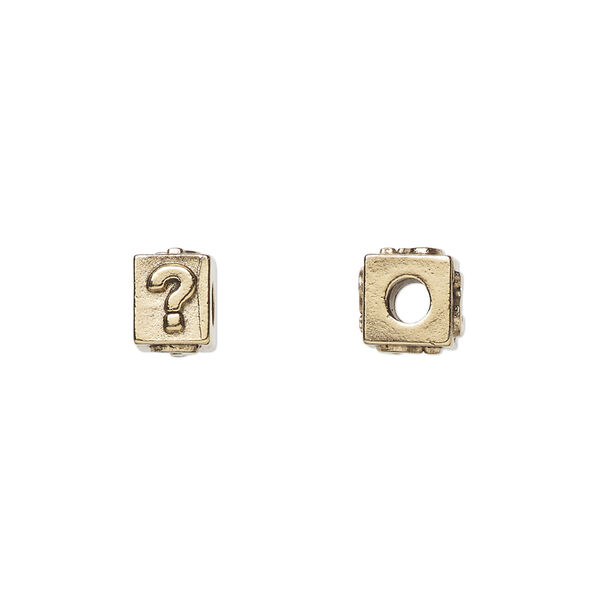 Bead, antique gold-plated pewter (tin-based alloy), 8x6mm rectangle with "?" symbol. Sold per pkg of 4. image number 0