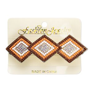 Barrette, acrylic / glass rhinestone / gold-finished steel / "pewter" (zinc-based alloy), multicolored, 3-1/2 x 1 inches with 36x29mm diamond. Sold individually.