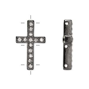 Spacer, Czech glass rhinestone and painted "pewter" (zinc-based alloy), clear and black, 25x15mm single-sided 3-strand cross with 2mm faceted round, fits up to 10mm bead. Sold per pkg of 2.