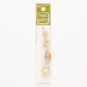 Bead 1pkg4 handblown glass, mixed sizes / mixed shapes / line design, assortment transparent clear / translucent multicolored