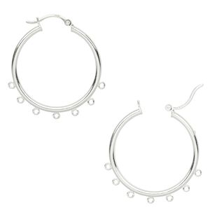 Earring hoop 1pkg2 sterling silver, 32mm round / latch-back / 7 open loop, 1 pair