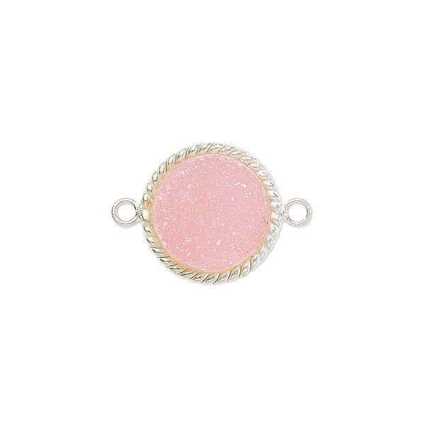 Link, druzy agate (dyed) and sterling silver, pink, 14-16mm hand-cut single-sided flat round with twisted wire design. Sold individually. image number 0