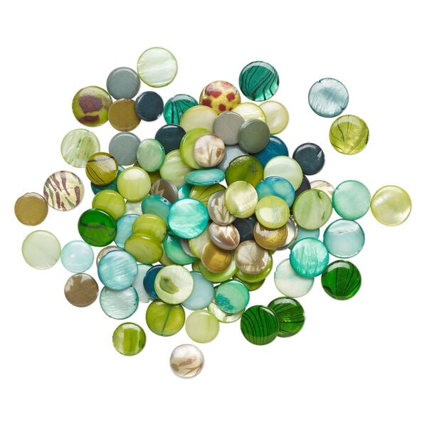 Mother-of-pearl shell 1pkg4oz, puffed flat round bead mix multi-green 13-16mm image number 1