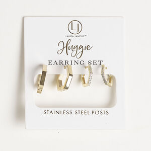 Earring, hoop 1pkg2, gold-finished stainless steel / glass, clear, 13mm hexagon / 16mm hexagon / latch-back closure, 1 pair.