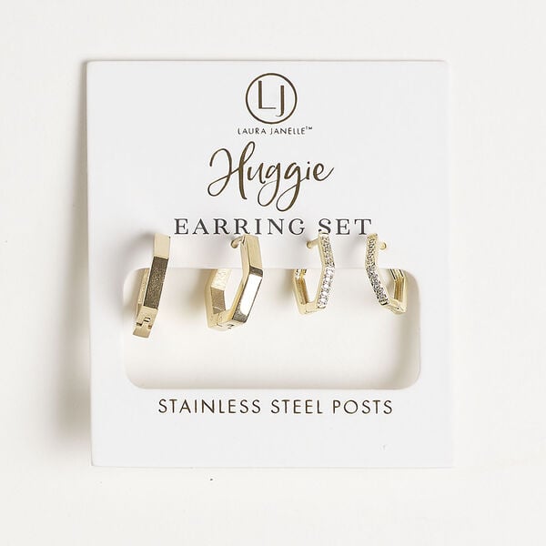 Earring, hoop 1pkg2, gold-finished stainless steel / glass, clear, 13mm hexagon / 16mm hexagon / latch-back closure, 1 pair. image number 0