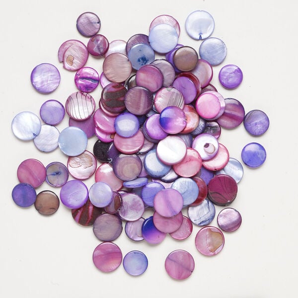 Mother-of-pearl shell 1pkg4oz, puffed flat round bead mix multi-purple 13-16mm image number 1