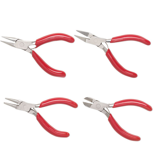 Pliers set, EUROTOOL®, chain-nose / flat-nose / round-nose / side-cutter, stainless steel and PVC, red, 3 inches. Sold per 4-piece set. image number 0