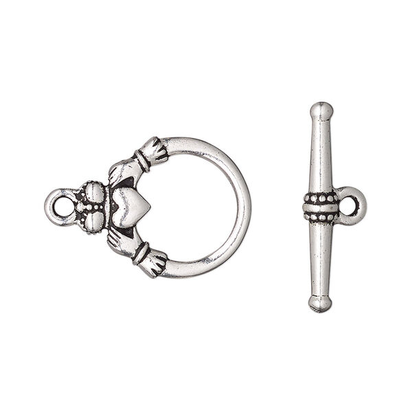 Clasp, TierraCast®, toggle, antique silver-plated "pewter" (tin-based alloy), 19x15.5mm double-sided Claddagh. Sold individually. image number 0