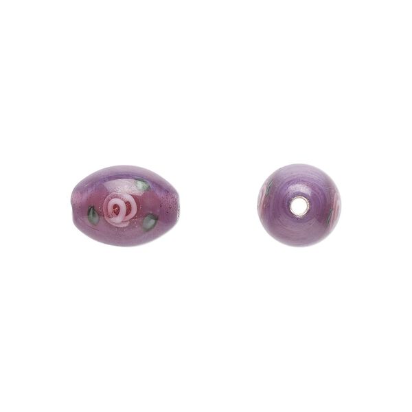 Bead, Czech lampworked glass, opaque purple / pink / green, 9x6mm-10x7mm olive with flower design. Sold per pkg of 4. image number 0