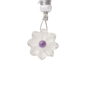 Quartz crystal / amethyst 1pkg1, top-drilled hand-cut 1sided carved flower bead natural, 16mm