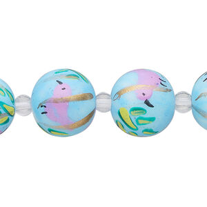 Bead, glass 1pkg8, blue / purple / green, 14mm round with hand-painted bird.