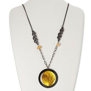 Necklace, quartz / mother-of-pearl shell (dyed / coated) / resin / gunmetal-finished copper, black / yellow / orange, 55mm round, 22 inches with 2-inch extender chain and lobster claw clasp. Sold individually.