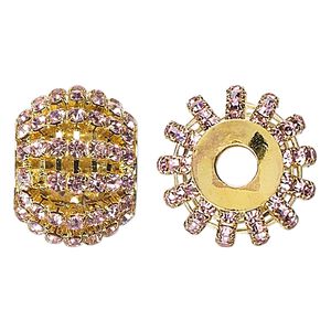 Bead, glass rhinestone and gold-finished brass, pink, 25x20mm barrel with 3mm chatons, 6.5mm hole. Sold individually.