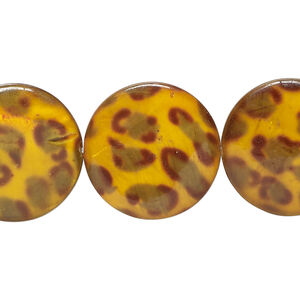 Mother-of-pearl shell 1pkg1, puffed flat round bead 15 inch dark yellow / orange / brown 19-20mm