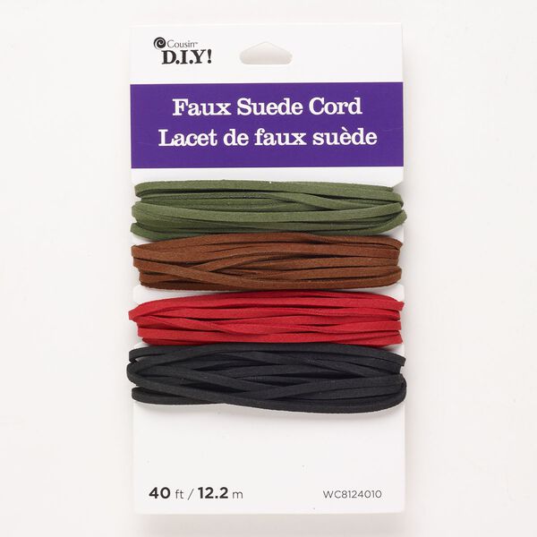 Cord, faux suede, pkg/(4) 10 feet, mixed colors, 3mm flat. image number 0
