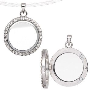 Pendant, glass / glass rhinestone / imitation rhodium-plated "pewter" (zinc-based alloy), clear, 35x29mm round float locket with 22x4mm inside diameter and magnetic closure. Sold individually.