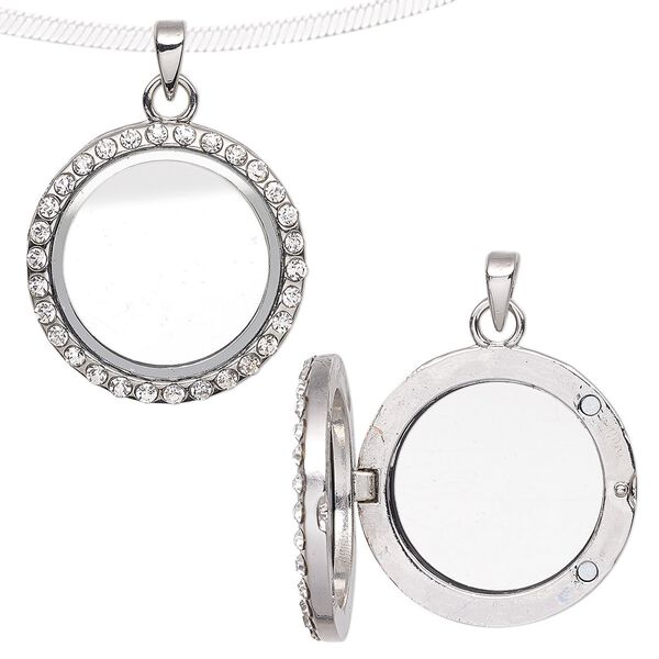 Pendant, glass / glass rhinestone / imitation rhodium-plated "pewter" (zinc-based alloy), clear, 35x29mm round float locket with 22x4mm inside diameter and magnetic closure. Sold individually. image number 0