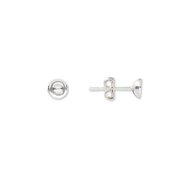 Earstud, sterling silver, 5mm cup, fits 5-7mm bead. Sold per pkg of 5 pairs. image number 0