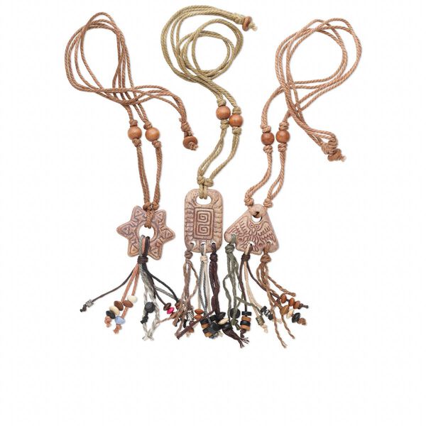 Necklace mix, ceramic, brown and multiple colors, mixed pendant sizes, 28-inches. Sold per pkg of 3. image number 0