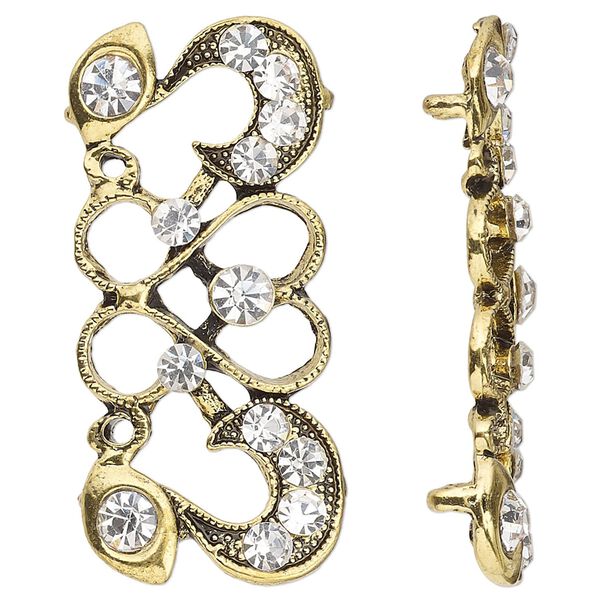 Spacer, antique gold-finished "pewter" (zinc-based alloy) and Czech glass rhinestone, clear, 40x19mm 2-strand fancy rectangle. Sold per pkg of 4. image number 0