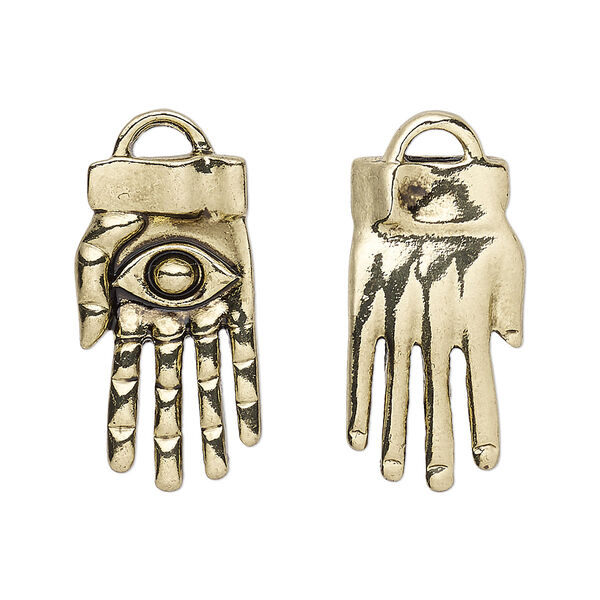 Focal, antique gold-finished "pewter" (zinc-based alloy), 30x14mm 3D hand with all seeing eye. Sold per pkg of 4. image number 0