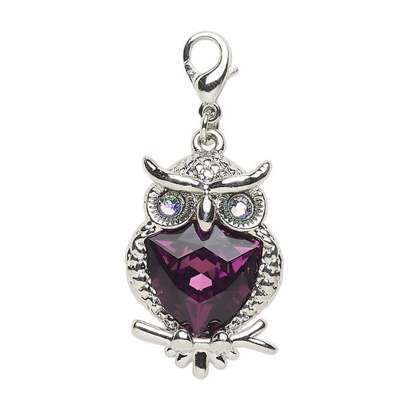 Charm "pewter" zinc-based alloy steel glass, 1pk 24x17mm owl lobster claw clasp, antique silver finish tanzanite AB amethyst image number 0
