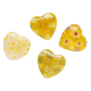 Bead, millefiori glass, translucent yellow and multicolored, 18-20mm half-drilled puffed heart. Sold per pkg of 4.