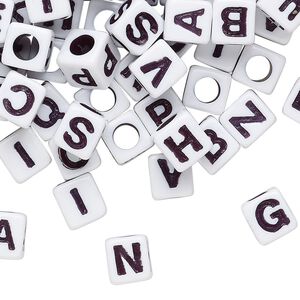 Bead mix, acrylic, opaque white and black, 6.5x6mm vertically drilled cube with alphabet letters and 3.5mm hole. Sold per pkg of 100.