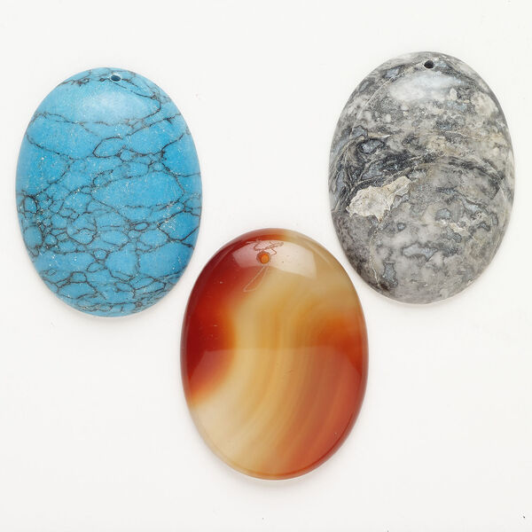Multi-gemstone / glass 1pkg3, top-drilled oval flatback focal mix 39x28mm-41x31mm image number 0