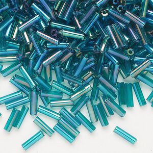 Bead, Preciosa Ornela Czech glass, bugle bead, pkg/50g, 1/4 inch, rainbow translucent teal, (51710).