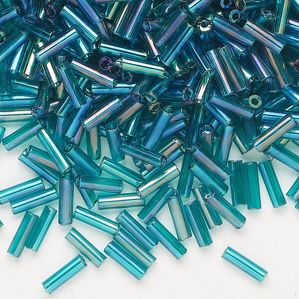 Bead, Preciosa Ornela Czech glass, bugle bead, pkg/50g, 1/4 inch, rainbow translucent teal, (51710). image number 0