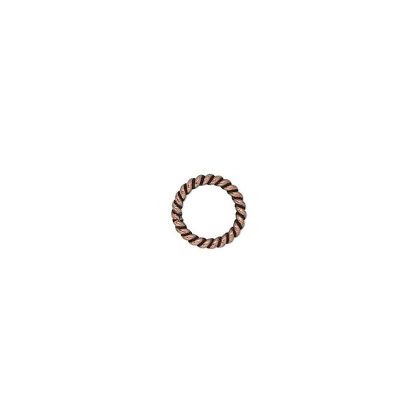 Jump ring, antique copper-plated copper, 8mm soldered round with rope design, 5.4mm inside diameter, 16 gauge. Sold per pkg of 60. image number 0
