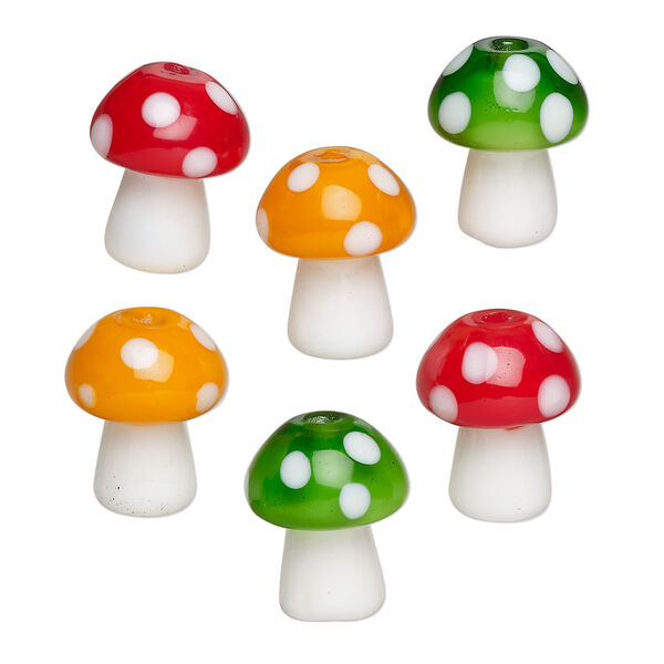 Bead assortment, lampworked glass, opaque white and green / orange / red, 13.5x11mm mushroom. Sold per pkg of 6. image number 0
