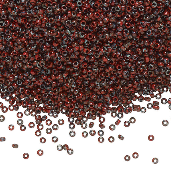 Seed bead, Miyuki, glass, pkg/250g, #15 rocaille, opaque Picasso red, (RR-4513). image number 0