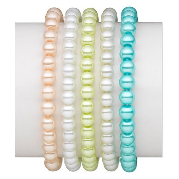 Bracelet, stretch, glass pearl, pastel colors, 6mm round, 6 inches. Sold per pkg of 5. image number 0