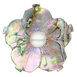 Focal, glass pearl and abalone shell (natural), white, 42mm flower. Sold individually.