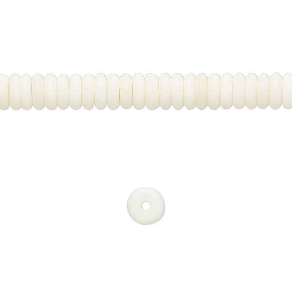 Bead, bone (bleached), white, 5x2mm rondelle, Mohs hardness 2-1/2. Sold per 15-1/2" to 16" strand. image number 0
